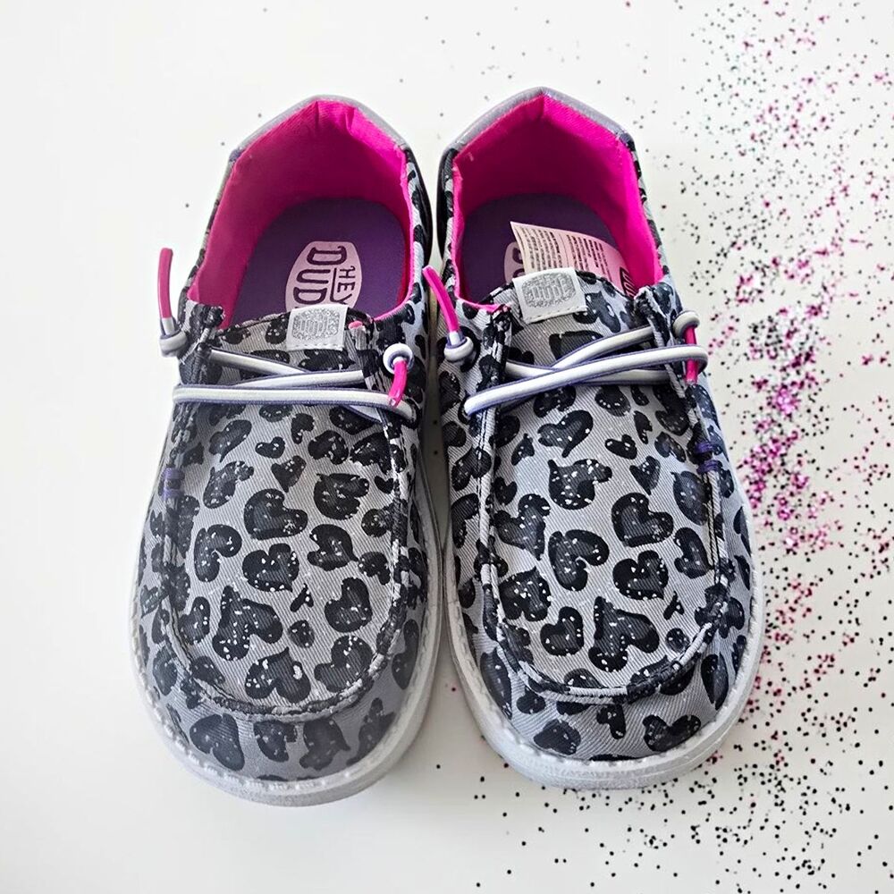 Hey Dude Wendy Wild Child Kids Low Top Slip-On Shoes US 2 Gray Black Print Pink